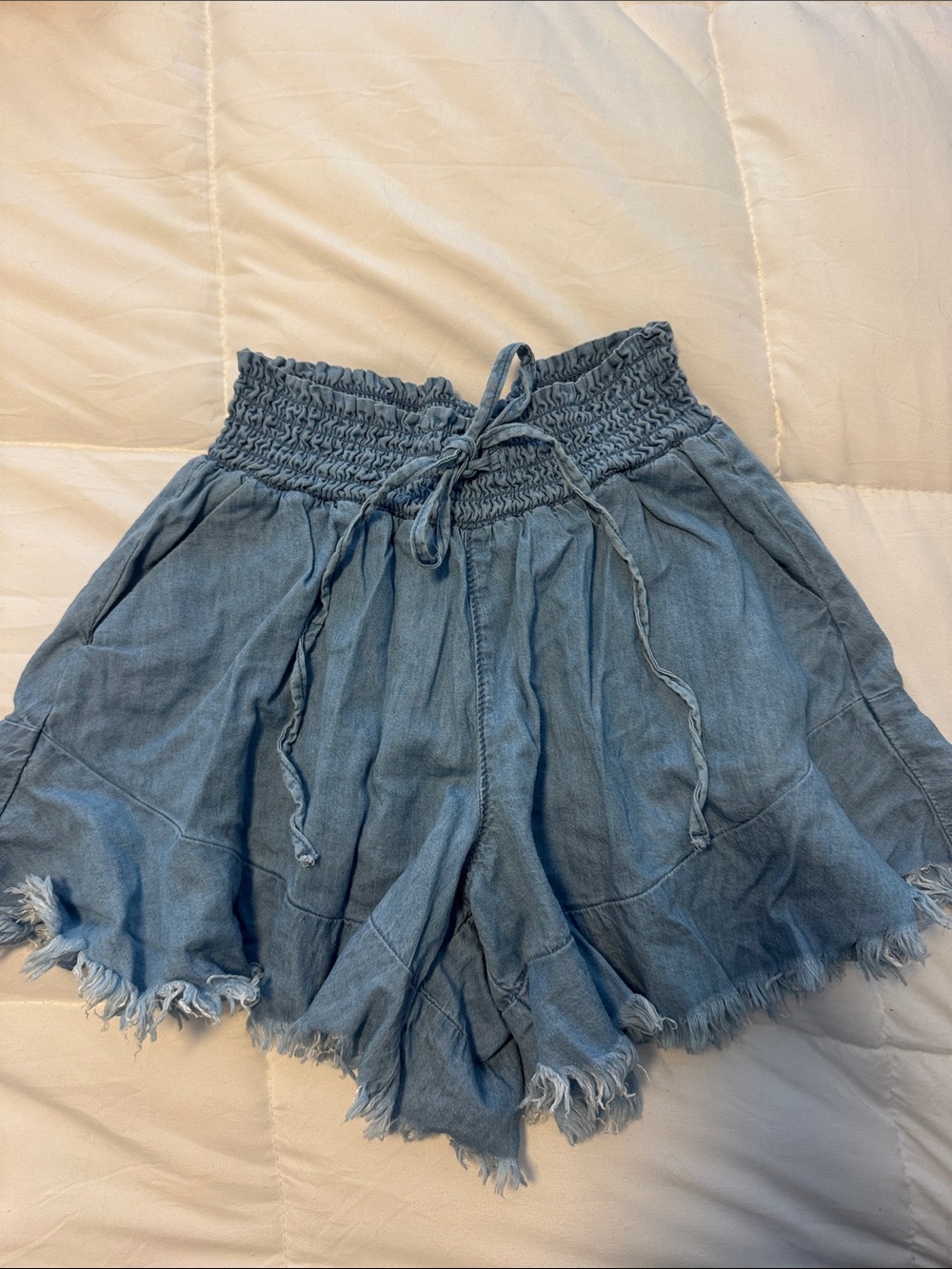 Sincerely Jules Light Blue Smocked Waist Chambray Shorts